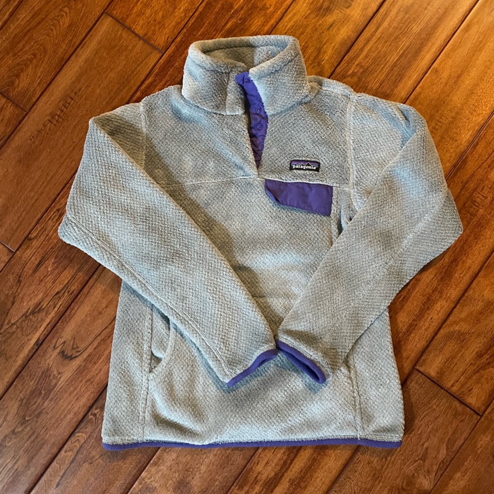 Patagonia grey and blue fleece quarter-zip.